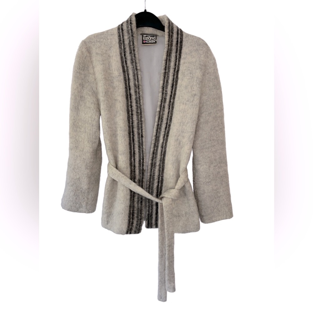 Samband Iceland Icelook Cardigan Belted Jacket Wool Womens Small Off White Gray.